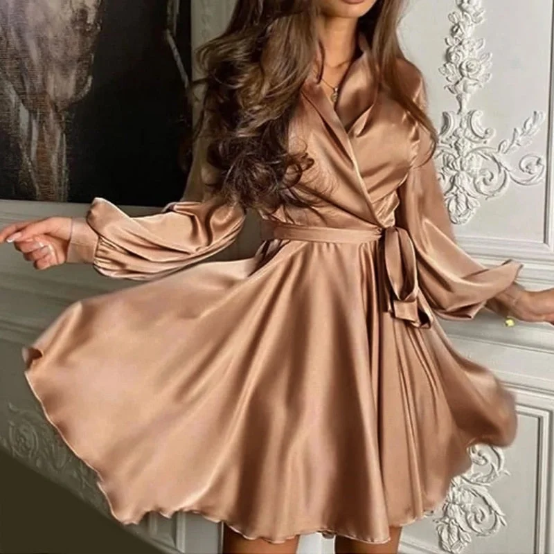 VNeckTopGladiatorV-Neck Belt Satin Mini Dress Autumn Fashion Lantern Sleeve Comfort Night Club A-Line Party Dresses For Women