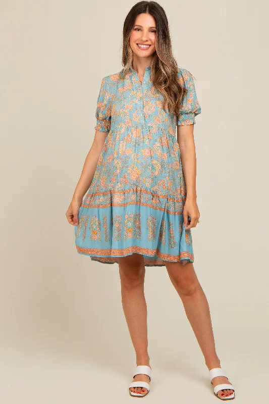 Satin DressLight Blue Floral Button Up Ruffle Hem Maternity Dress