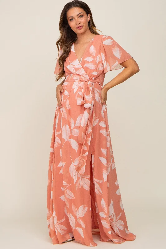 VNeckTopFlexSalmon Leaf Print Chiffon V-Neck Front Slit Maternity Dress