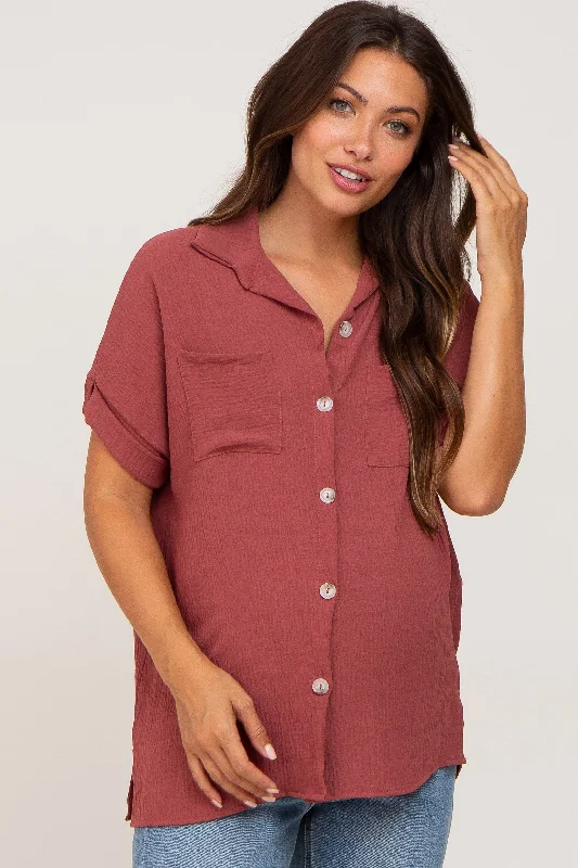 Burgundy Collared Button-Down Short Sleeve Maternity BlouseCrewneck Short Sleeve Tops