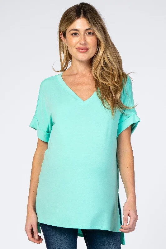 VNeckTopMesaMint Green V-Neck Cuffed Short Sleeve Maternity Top