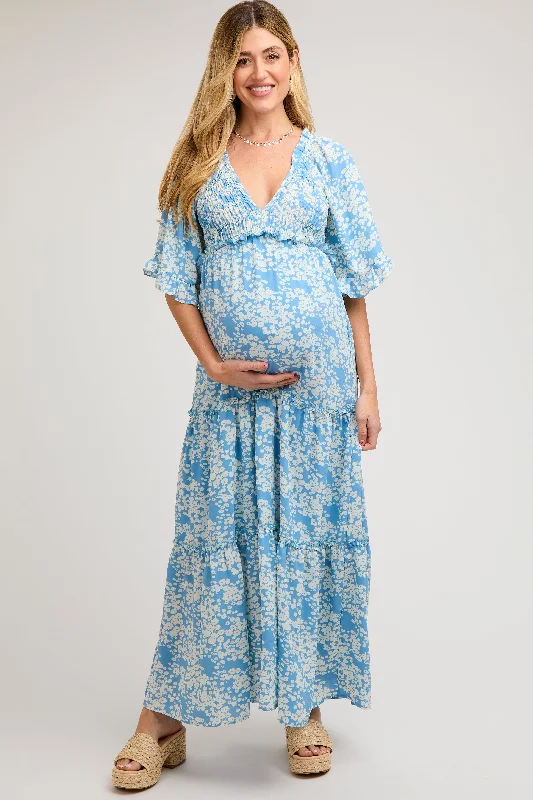 VNeckTopVortexBlue Floral Smocked V-Neck Ruffle Tiered Maternity Maxi Dress