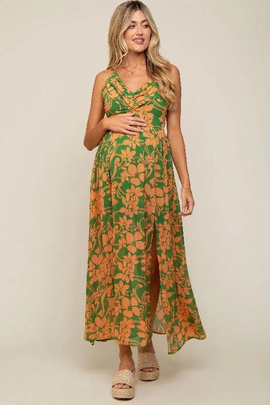 VNeckTopRubyGreen Floral Chiffon Pleated V-Neck Sleeveless Maternity Maxi Dress