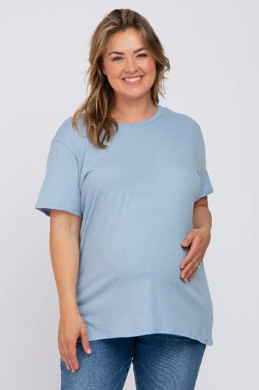 Blue Solid Short Sleeve Plus Maternity TopLuxury Short Sleeve Tops