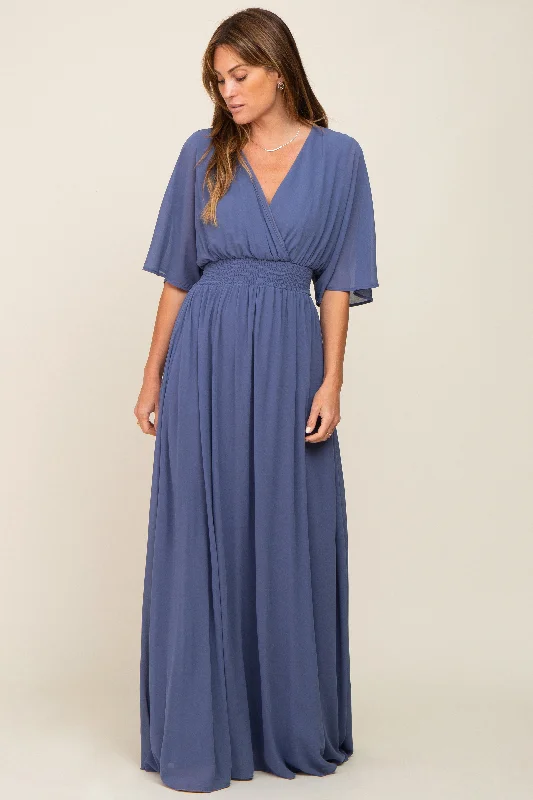 VNeckTopPeakNavy Chiffon V-Neck Smocked Waist Maxi Dress