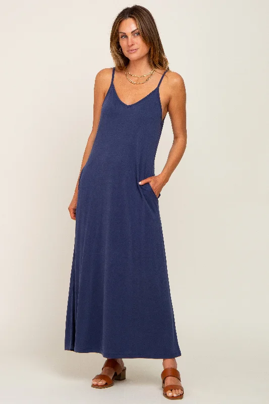 VNeckTopDiamondNavy Blue Sleeveless V-Neck Maxi Dress