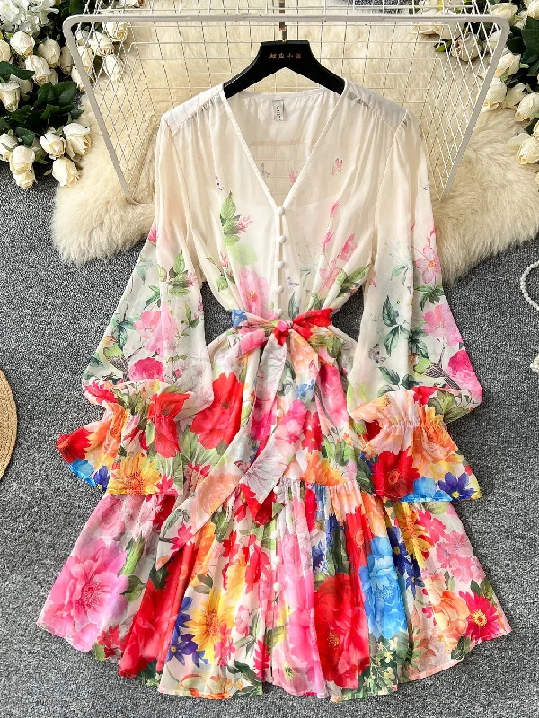 VNeckTopCrestV-Neck Ruffled Sleeves Floral Printed Chiffon Dress