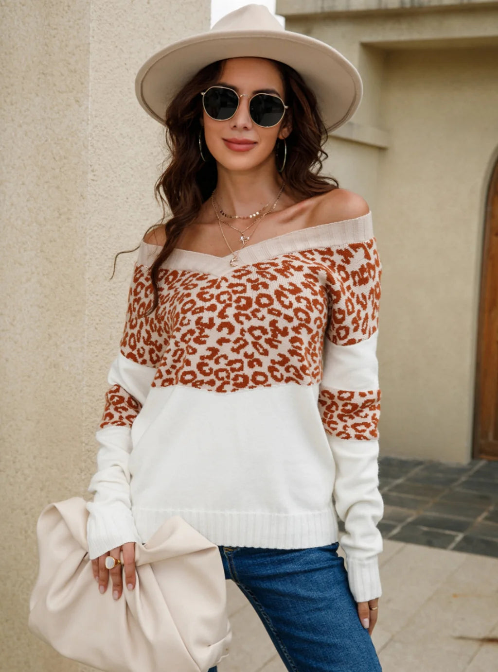 VNeckTopCrystalWomen V-neck Leopard Sweater