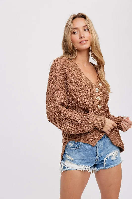 VNeckTopBlazeMocha Chunky Knit Button V-Neck Sweater