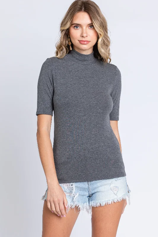 Charcoal Short Sleeve Turtleneck TopRecycled Fabric Short Sleeve Tops