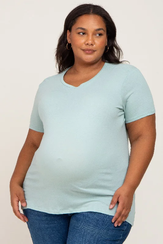 Light Olive Solid Short Sleeve Plus Maternity TopLogo Short Sleeve Tops