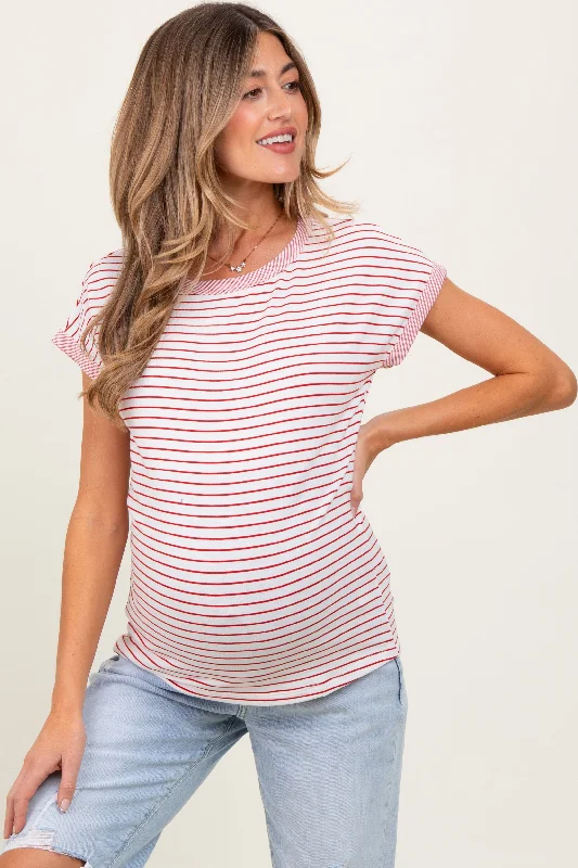 Red Pinstripe Soft Terry Short Sleeve Maternity TopPlush Short Sleeve Tops