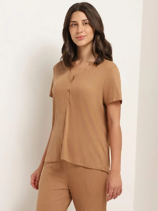 VNeckTopValleyWunderlove Brown Self-Patterned V-Neck Supersoft Top