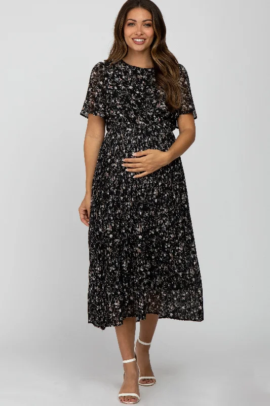 Black Floral Pleated Short Sleeve Chiffon Maternity Midi DressSheer Short Sleeve Tops