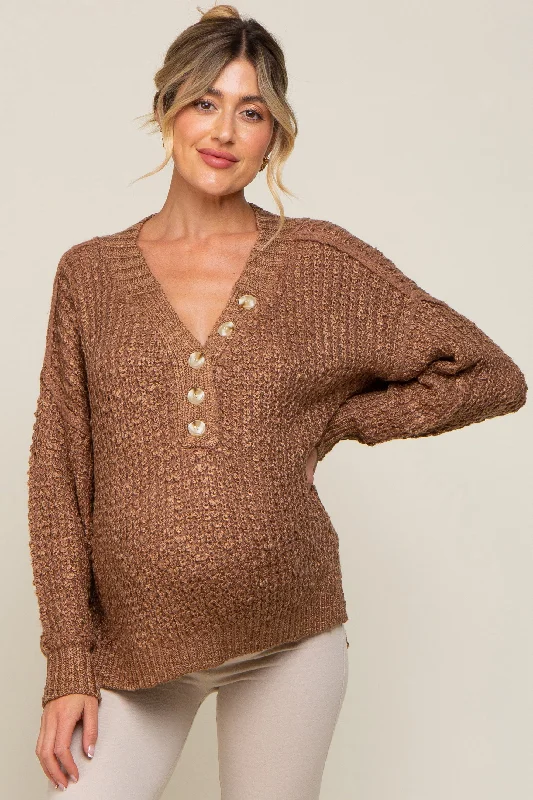 VNeckTopSparkMocha Chunky Knit Button V-Neck Maternity Sweater