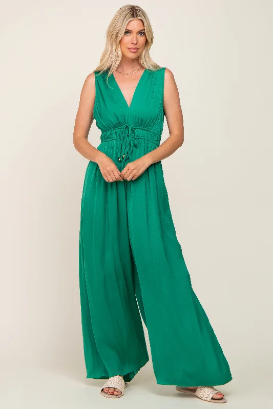 VNeckTopJadeGreen Satin V-Neck Side Slit Jumpsuit