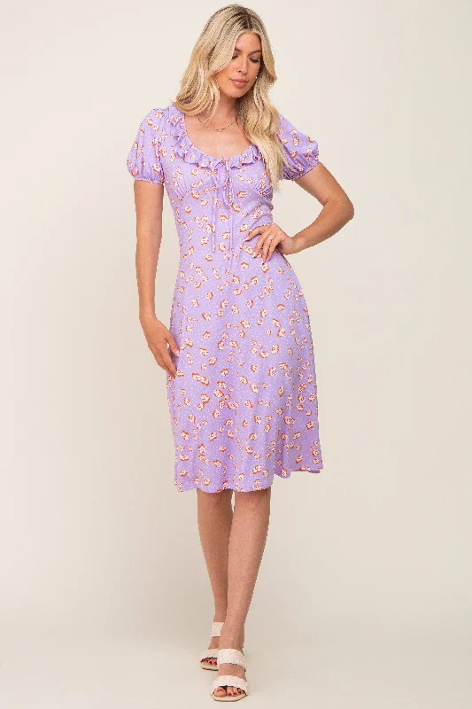 VNeckTopCurrentLavender Floral Ruffle V-Neck Front Tie Dress