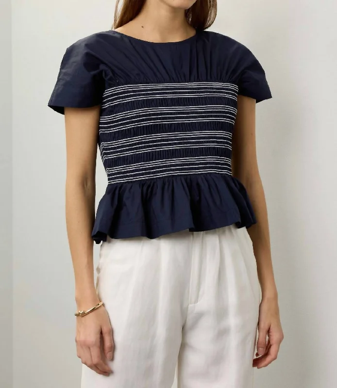 Ruffle Smocked Short Sleeve Blouse In NavyPerformance Short Sleeve Tops