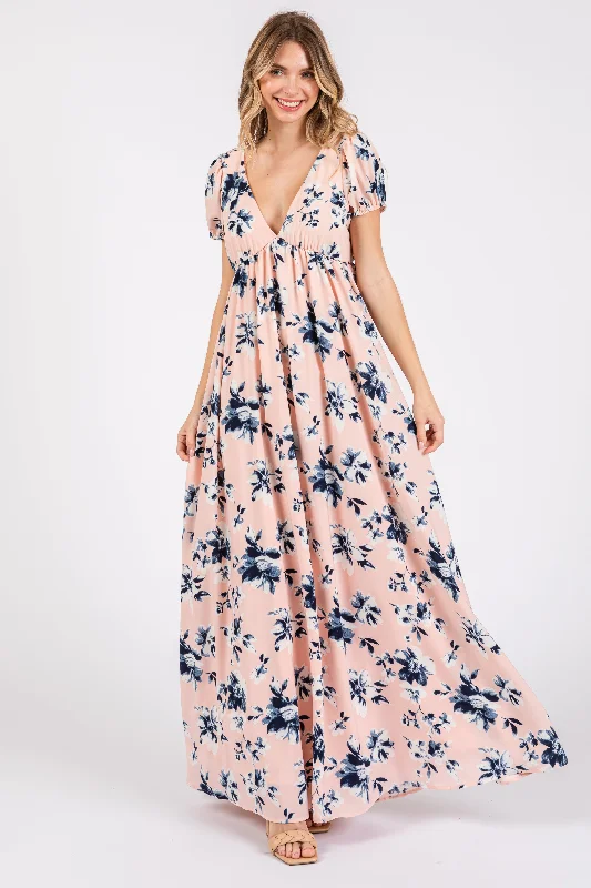 VNeckTopAuraLight Pink Floral V-Neck Puff Sleeve Maxi Dress