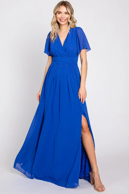 VNeckTopApexRoyal Blue Chiffon Short Sleeve Wrap V-Neck Front Slit Maxi Dress