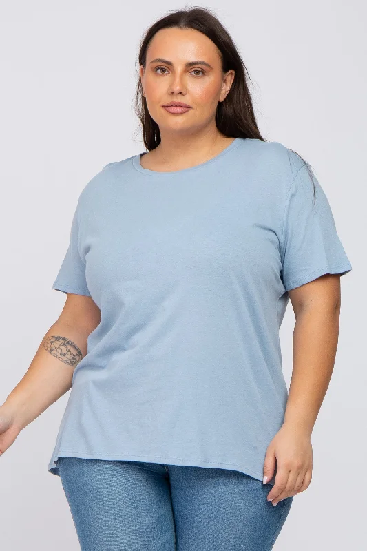 Blue Solid Short Sleeve Plus TopHigh-Fashion Short Sleeve Tops