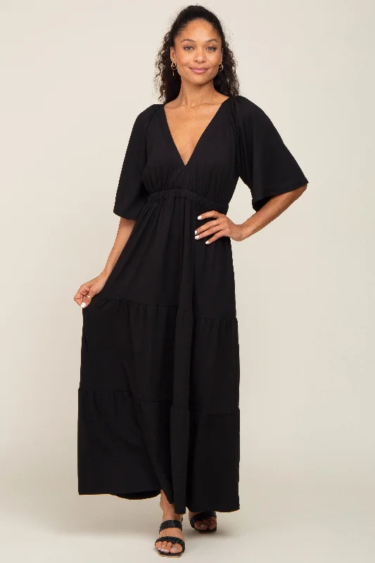 VNeckTopCosmoBlack Deep V-Neck Tiered Maxi Dress