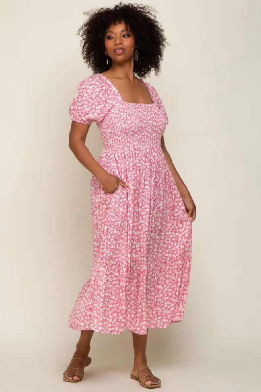 Pink Floral Smocked Short Sleeve Midi DressOutdoor Short Sleeve Tops