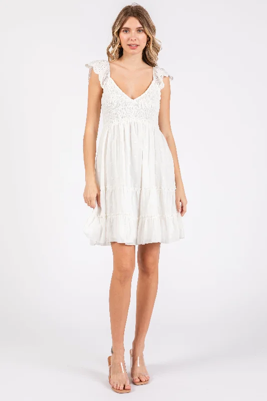 VNeckTopTerraWhite Textured Polka Dot Eyelet Shoulder V-Neck Dress