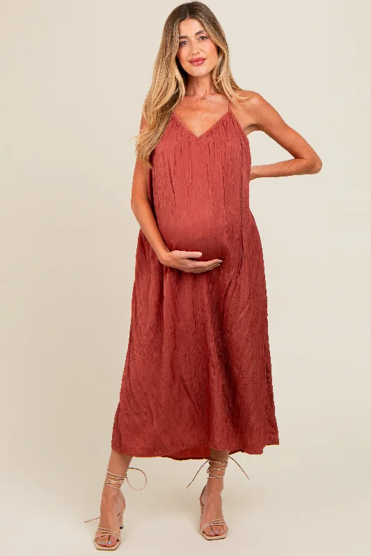 VNeckTopOasisRust Crinkle V-Neck Cross Back Maternity Midi Dress