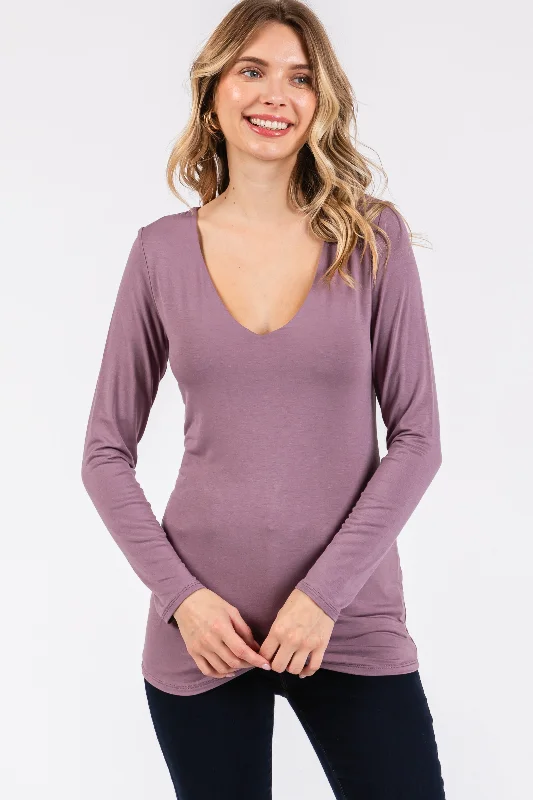 VNeckTopSurgeMauve V-Neck Long Sleeve Top