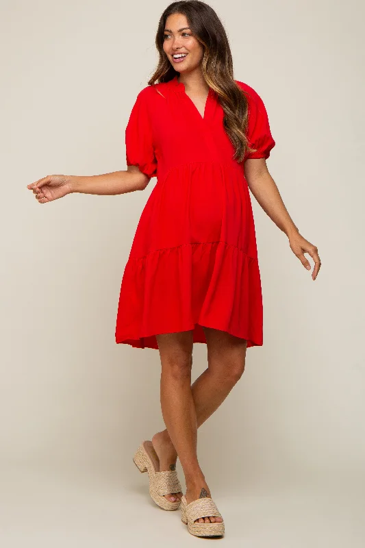 VNeckTopDriftRed Satin Ruffle V-Neck Short Sleeve Maternity Dress