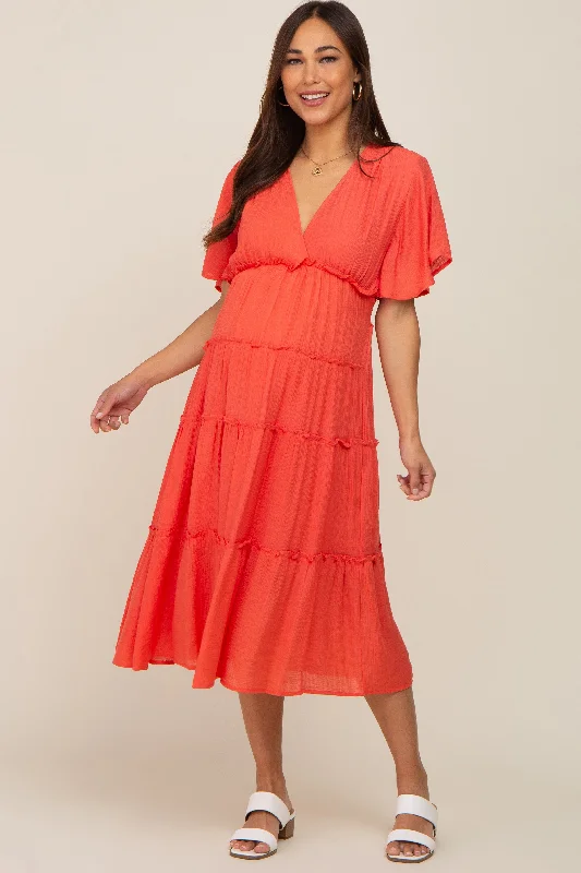 VNeckTopCoralCoral Ruffle Tiered V-Neck Maternity Midi Dress