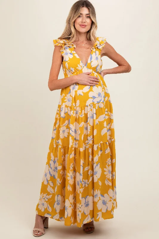 VNeckTopQuartzYellow Floral Deep V-Neck Open Back Maternity Maxi Dress