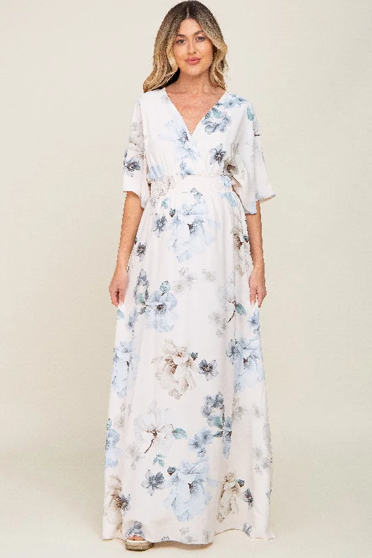 VNeckTopCentaurBlue Floral Double V-Neck Dolman Short Sleeve Side Slit Maternity Maxi Dress