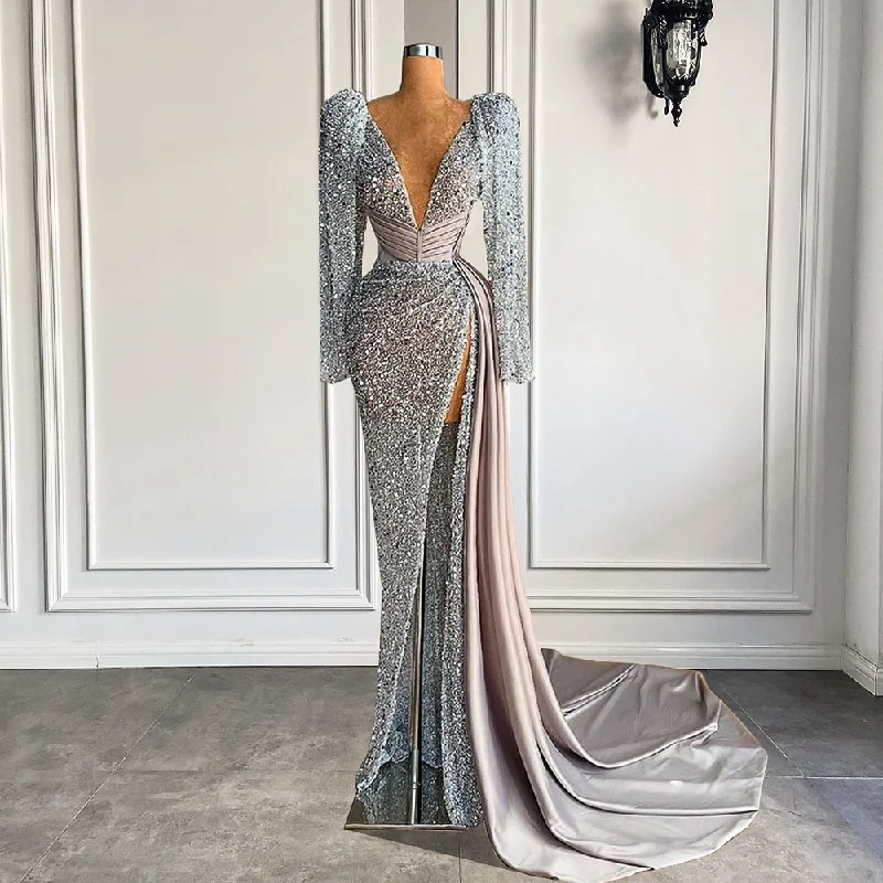 VNeckTopPhoenixLong Sleeve Sexy Women Evening Dress V-neck Luxury Beaded Mermaid High Slit Silver Formal Evening Gowns