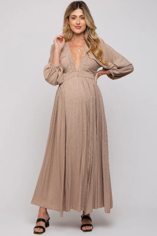 VNeckTopValleyBeige Deep V-Neck Smocked Waist Maternity Maxi Dress