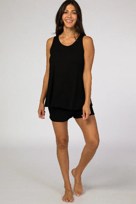 Black Ribbed Short Pajama Set