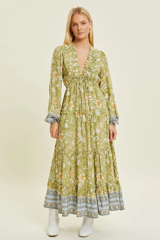 VNeckTopRiseLight Green Floral Deep V-Neck Long Sleeve Midi Dress