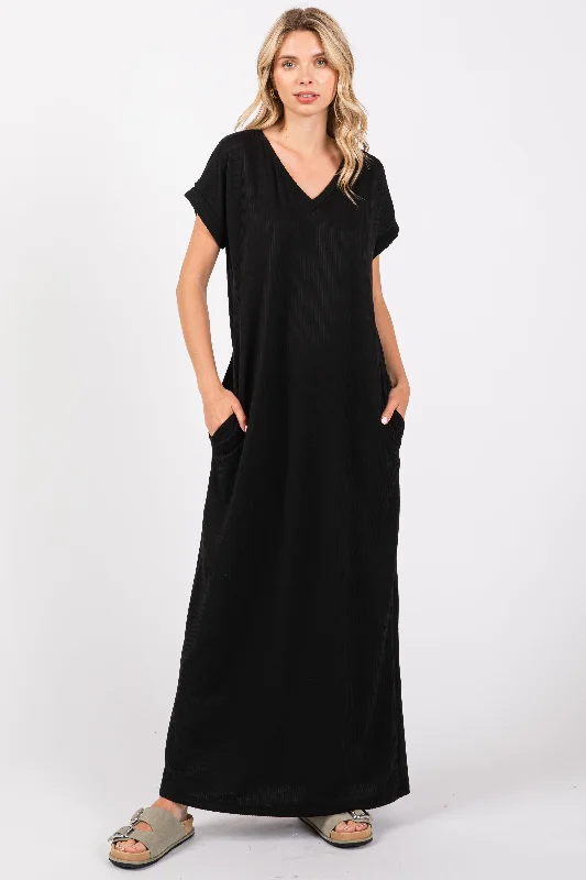 VNeckTopStellarBlack Ribbed V-Neck Midi Dress