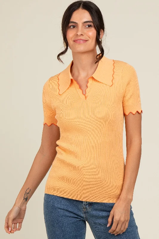 VNeckTopSolarPeach Ribbed Scallop Trim Split V-Neck Short Sleeve Top