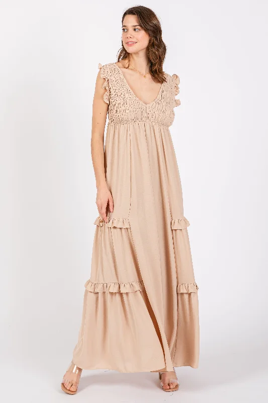 VNeckTopGalaxyBeige Smocked Ruffle V-Neck Maxi Dress