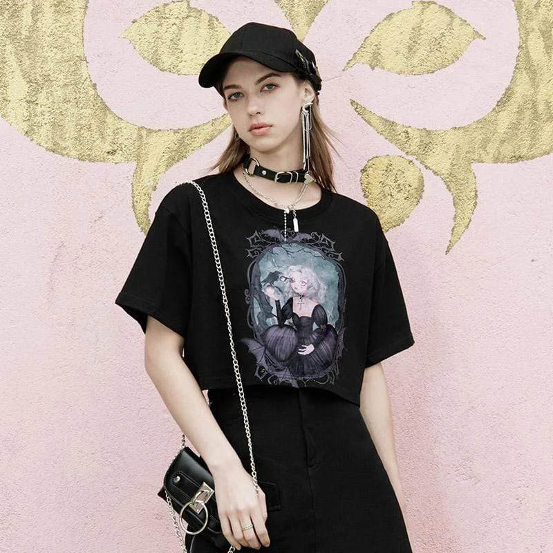 Women's Pastel Goth Princess Printed Tees Short Sleeved Crop TopsHigh-Fashion Short Sleeve Tops