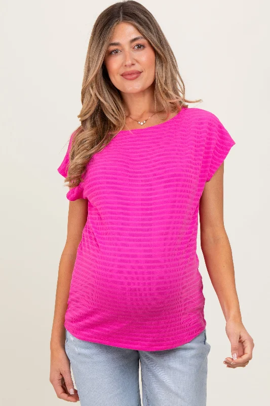 Fuchsia Textured Knit Short Sleeve Maternity TopFishing Short Sleeve Tops