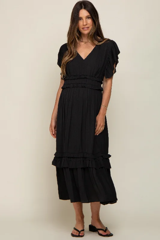 VNeckTopSpartanBlack Ruffle Accent V-Neck Maternity Midi Dress