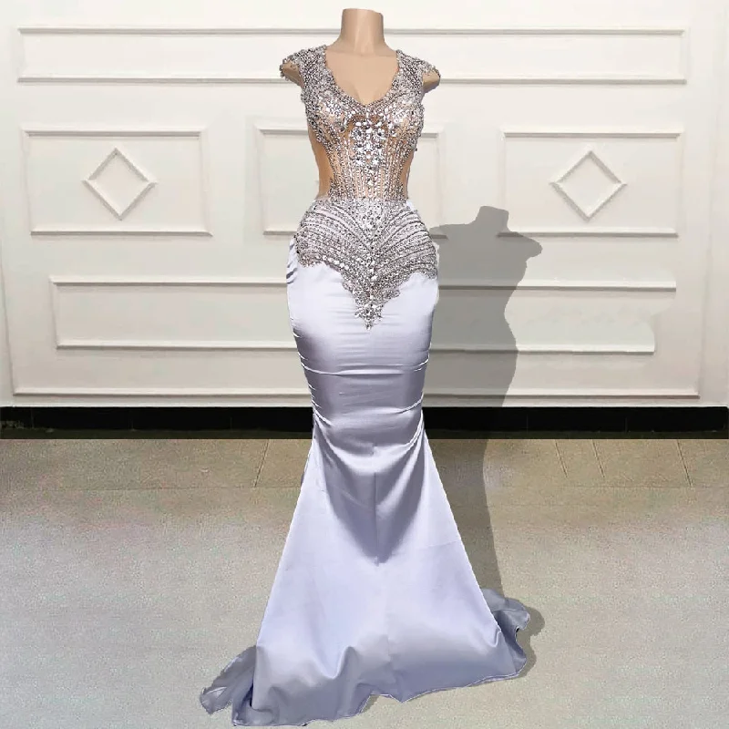 VNeckTopNestLuxury Beaded Crystals Mermaid Long Prom Dress V-neck Sheer Mesh