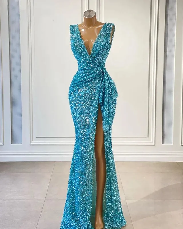 VNeckTopAmberStunning Sexy High Slit V-neck Sleeveless Sequined Long Evening Dresses For Party