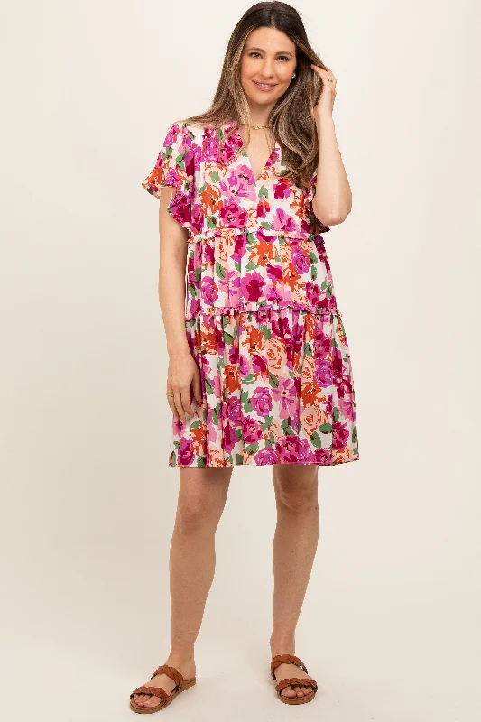 VNeckTopStrataCream Floral Ruffle Tiered V-Neck Maternity Dress