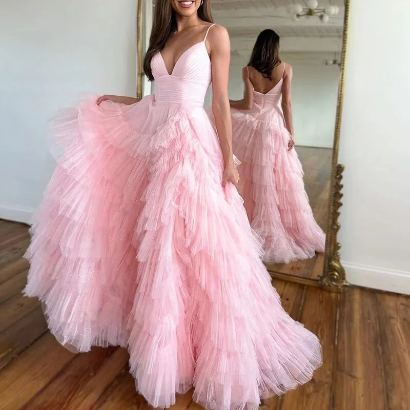 VNeckTopHaloSummer Fashion Pink V-Neck Floor-Length Tulle Long Formal Evening Dresses/Wedding Party Prom Gowns Tiered Pleats