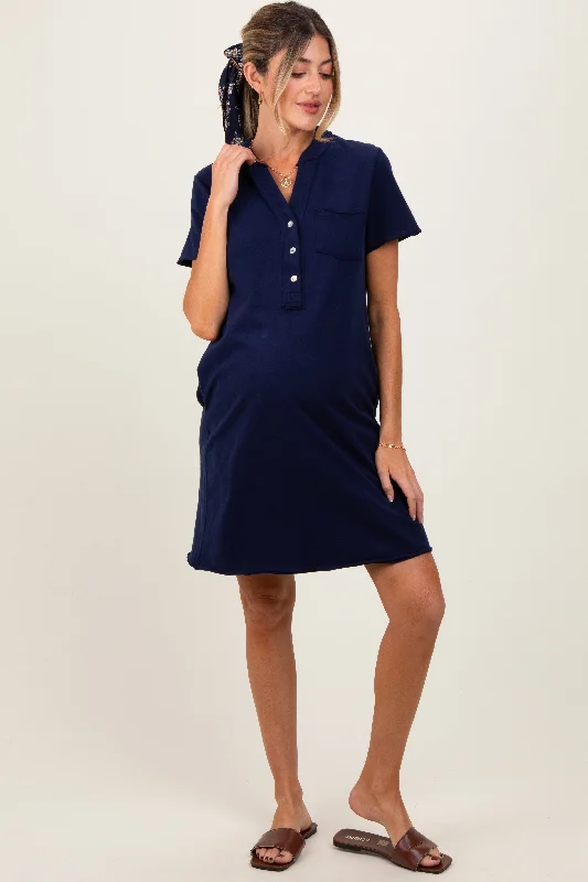 Navy Unfinished Seam Short Sleeve Maternity Mini DressCamping Short Sleeve Tops