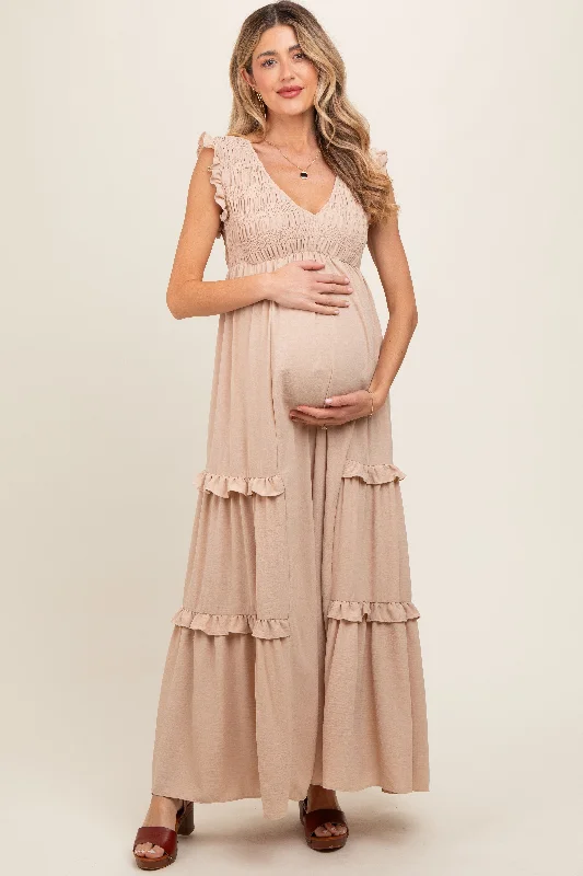 VNeckTopSolarBeige Smocked Ruffle V-Neck Maternity Maxi Dress